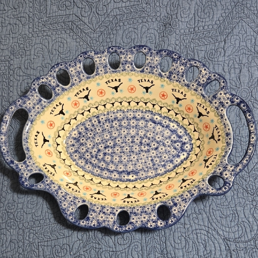 Polish Pottery Texas Themed Blue and Cream  Decorative Oval Serving Bowl 16 Inch